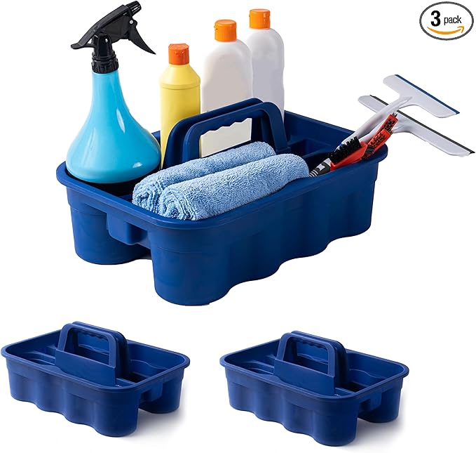Matthew 3 Pack Large Plastic Tote Tool & Deluxe Supply Cleaning Caddy with Handle Portable Shower Basket Storage Caddy for Cleaning Products,Take-Out Drink,Bathrooms - Blue