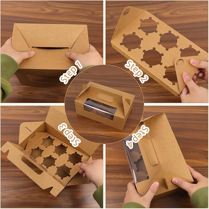 FORBFAN 50 Pcs Cupcake Boxes 6 Count with Handle, Kraft Portable Muffin Boxes, Gable Party Favor Treat Boxes for Wedding Birthday Party