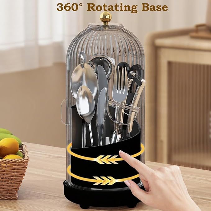JEESA Utensil Holder with Lid, 360° Rotating Flatware Organizer for Cutlery Spoon Fork(H Less 8"), Silverware Caddy Organizer Drainage Dustproof Flatware Holder Kitchen Countertop Storage, Black