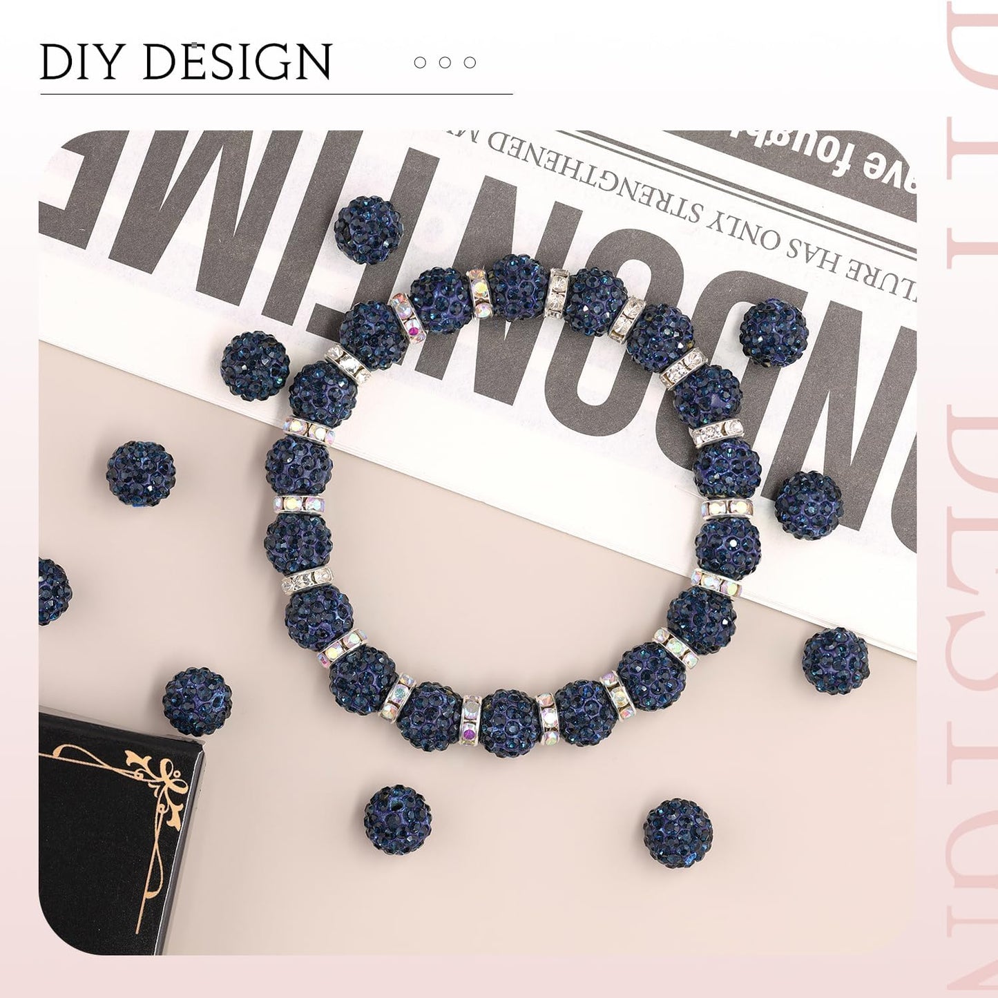200pcs 10mm Blue Black Rhinestone Beads for Jewelry Making, Shiny Round Shamballa Disco Ball Beads Bulk, Sparkle Crystal Clay Christmas for Bracelet Baseball Necklace Earring Crafting and DIY