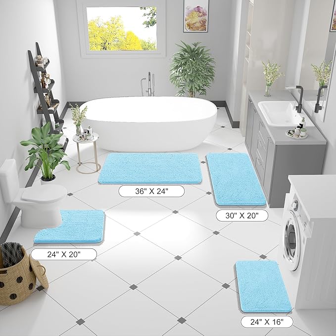 OLANLY Bathroom Rugs 59x24, Extra Soft Absorbent Chenille Bath Rugs, Rubber Backing Quick Dry, Machine Washable Bath Mats for Bathroom Floor, Tub and Shower, Home Decor Accessories, Sky Blue
