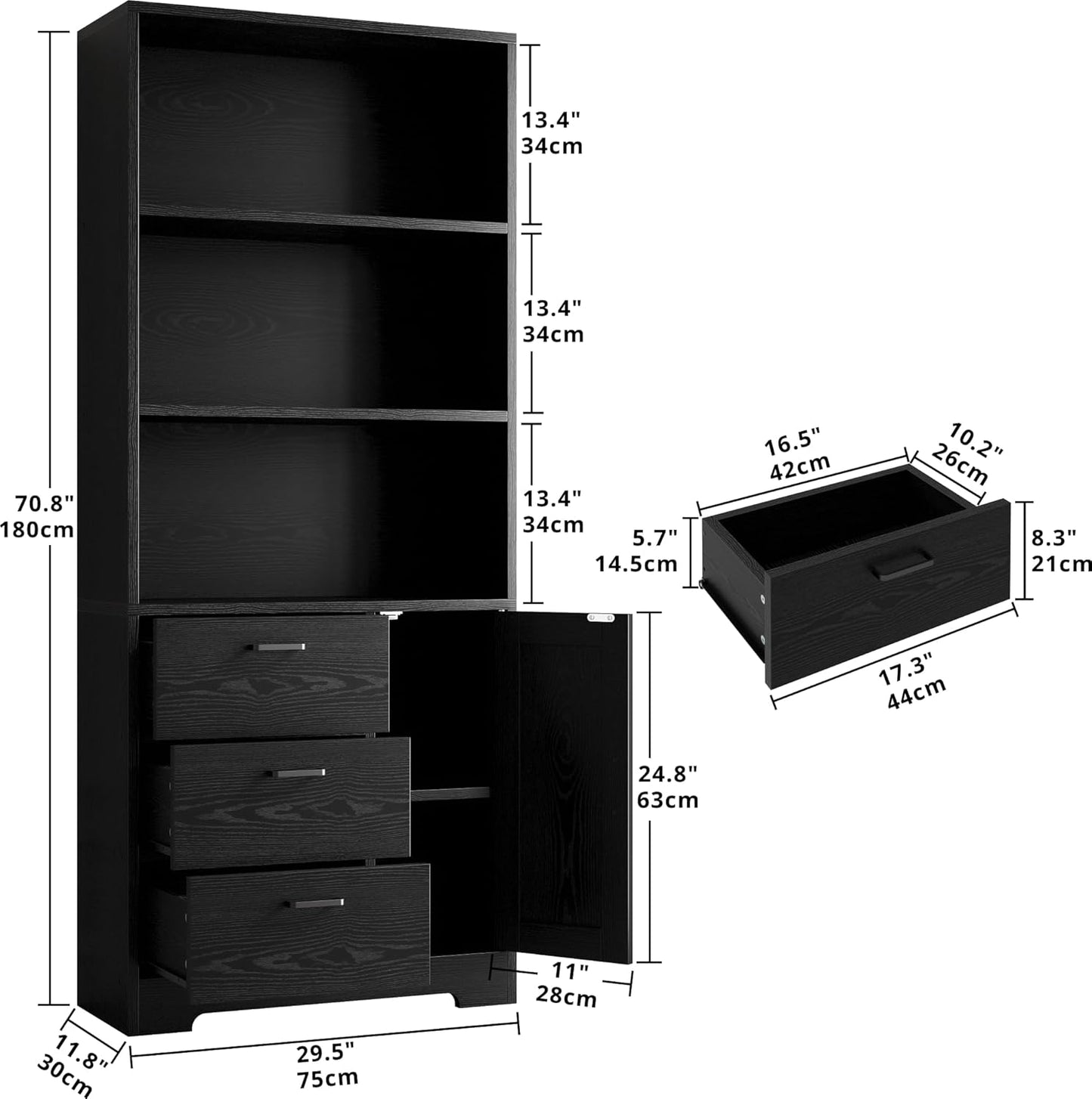 IRONCK Bookshelf with Door and 3 Drawers, 71in Tall Bookcase Shelf with 3-Tier Shelves, for Bedroom Living Room Entrance Hallway Home Office