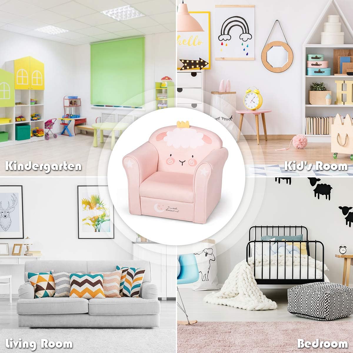 Costzon Kids Couch, Children's Sofa Armrest Chair with Pattern, Toddler Furniture w/Sturdy Wood Construction, Preschool, Lightweight Kids Couch Sofa Chair for Aged 1-5 Boys & Girls Gifts, Lamb