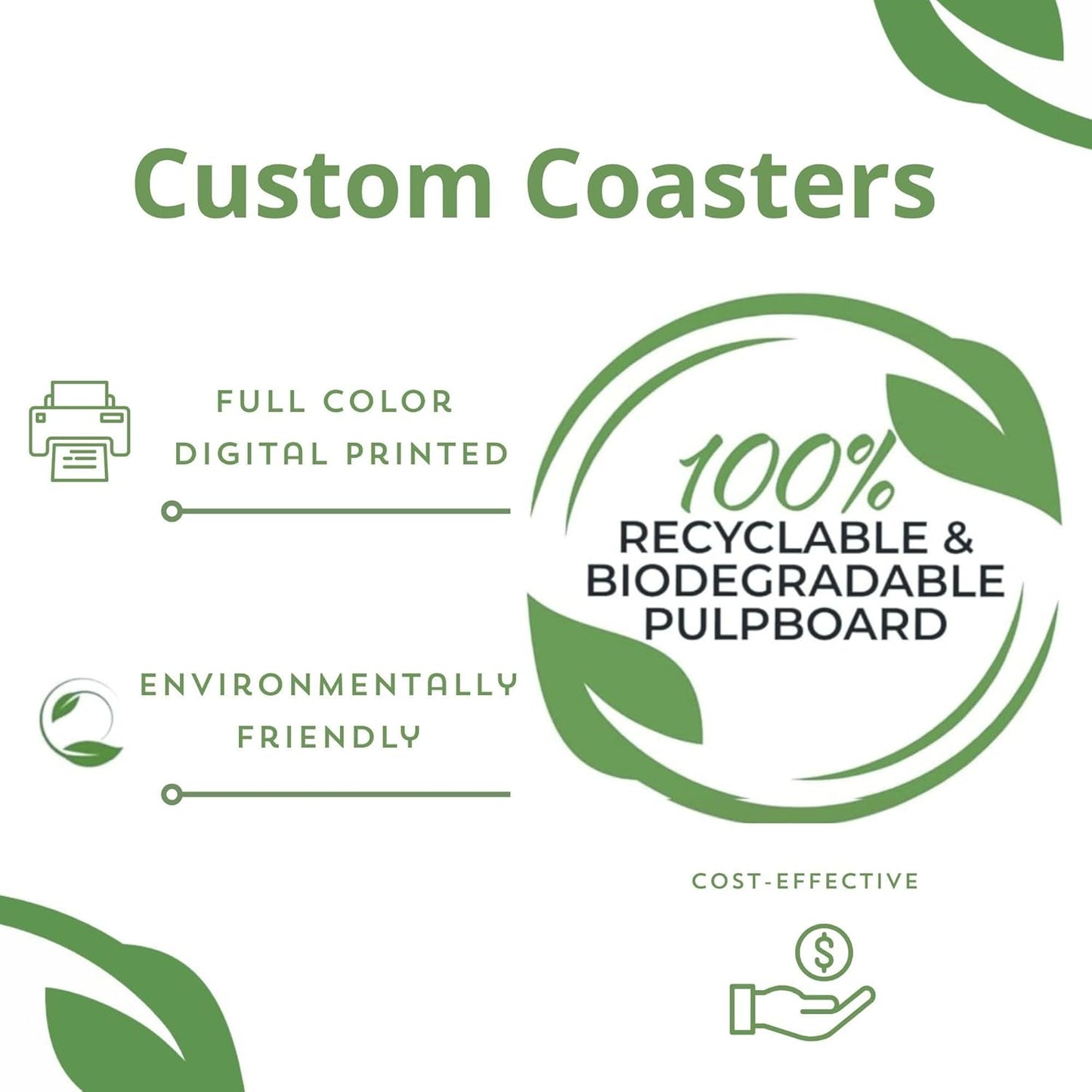 B.E. Green Custom Coasters - Pulpboard Personalized Coasters for Drinks - Full Color Print - Reusable & Absorbent - Beverage Coaster - Promotional Events & Celebrations - Pack of 50 - Square, 4"x 4"