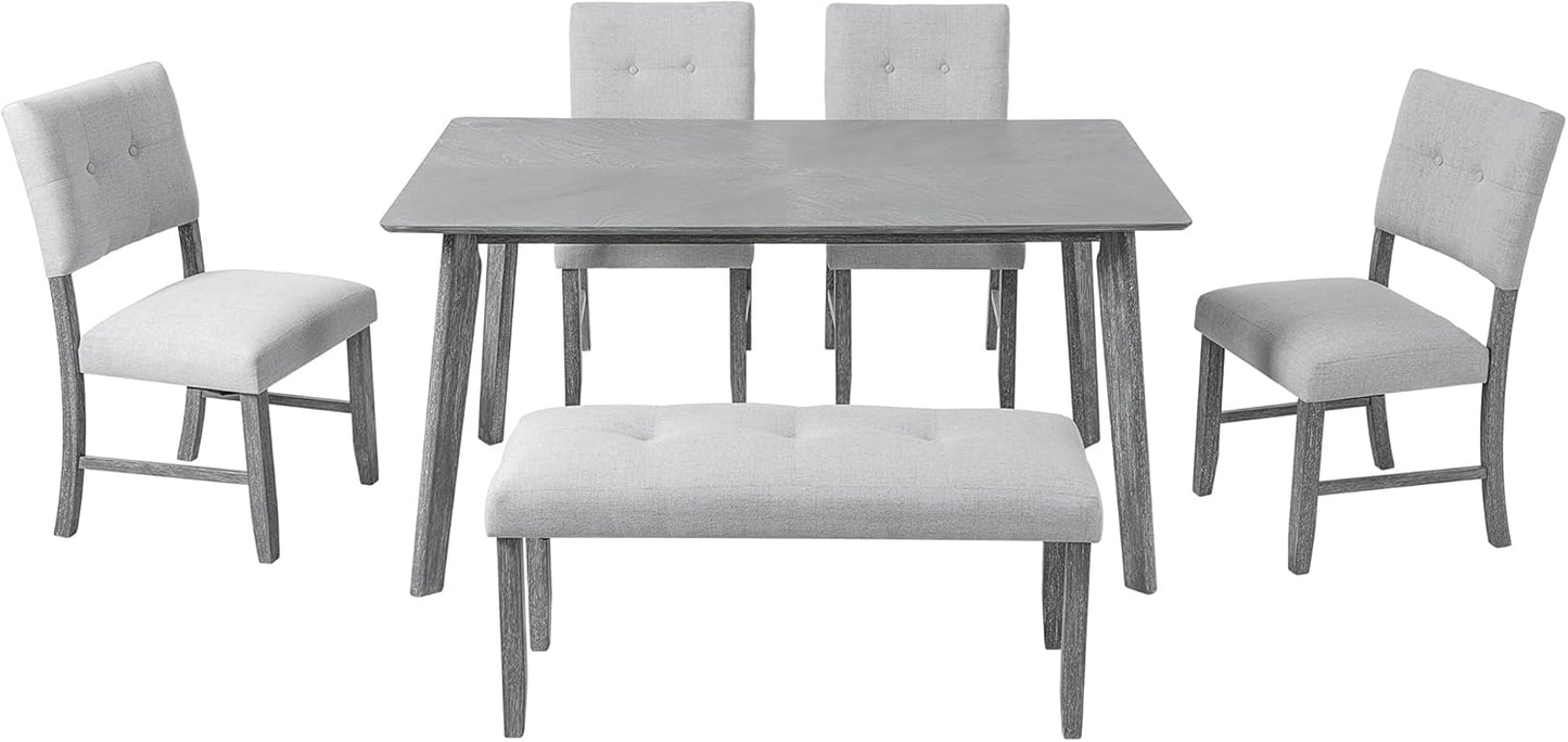 Merax 6 Piece Solid Wood Dining Table Set for 6, Rustic Farmhouse Rectangular with 4 Upholstered Wooden Chairs and 1 Bench, Kitchen Room, Gray