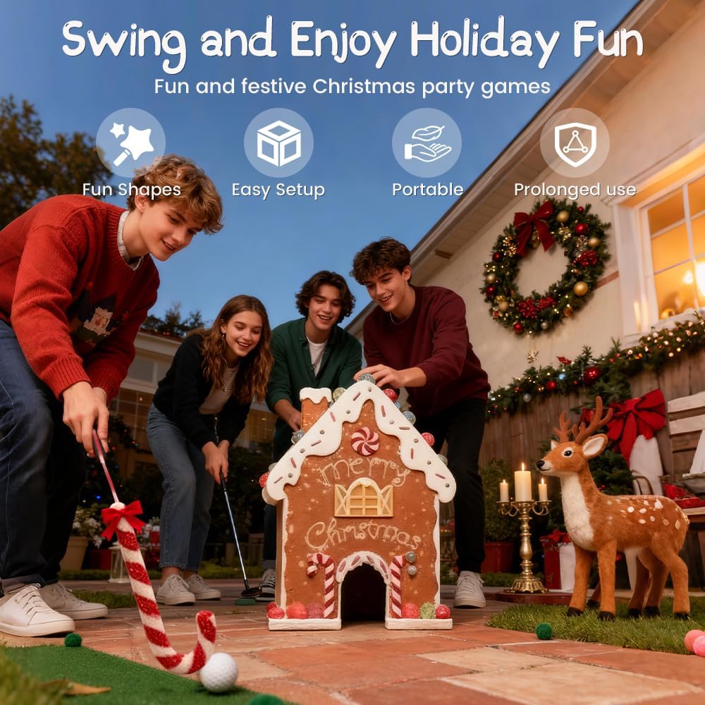 Gingerbread Golf Game Set, Christmas Mini-Golf Course,Portable Mini Golf Course Set,Christmas Indoor Golf Toy with Candy Cane Clubs and Gingerbread House Target (6PCS Ball)