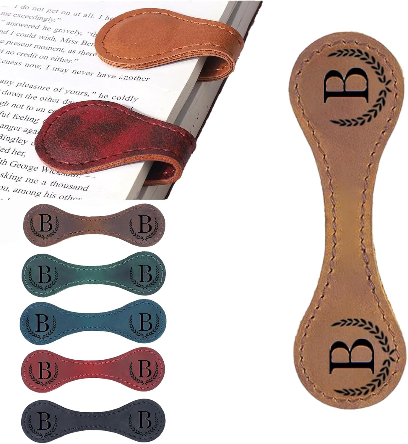 Personalized Magnetic Leather Bookmark, 26 Letters Custom Leather Bookmarks, Handmade, Leather Magnetic Bookmark for Book Lovers Readers Women Kid(Dark Yellow，B）