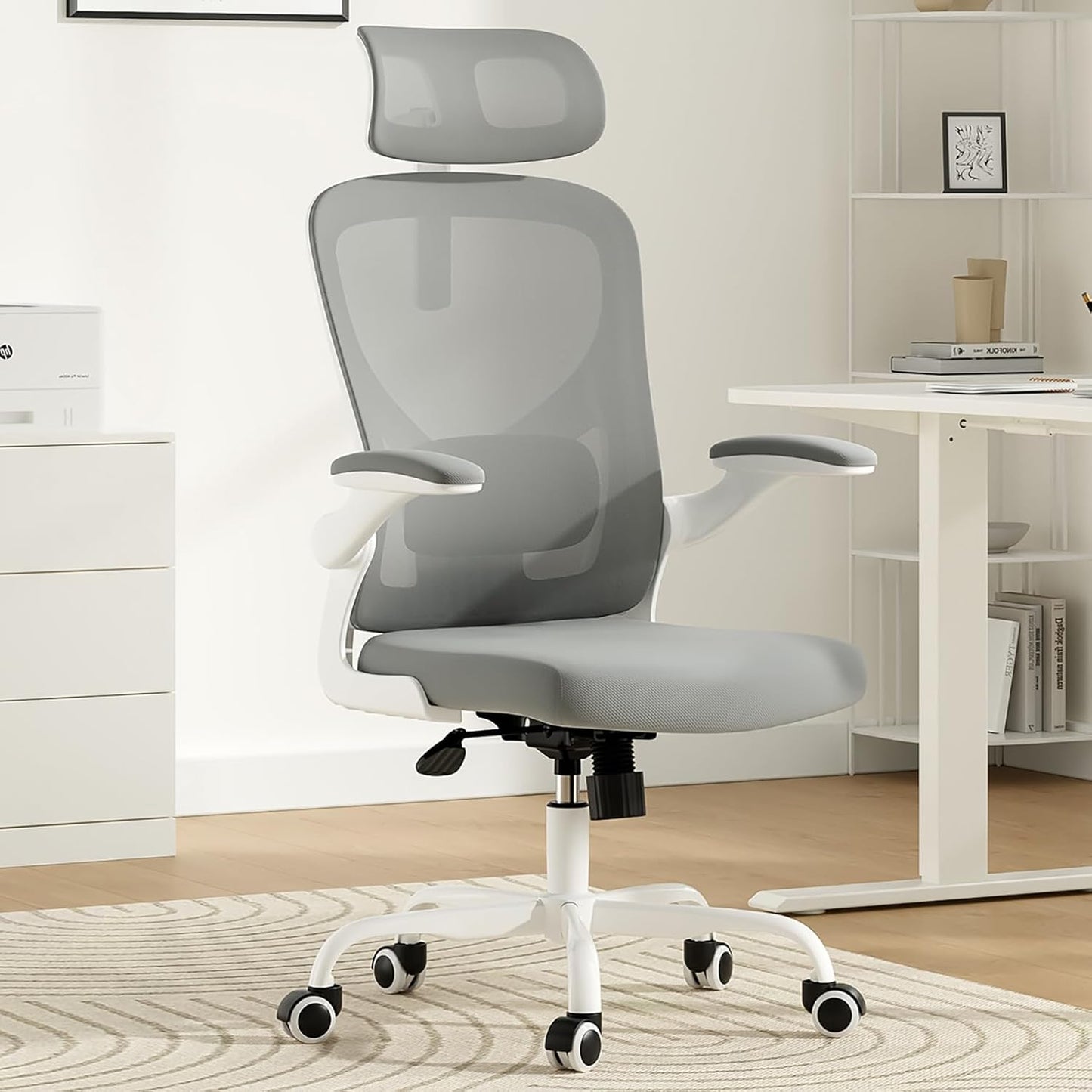Ergonomic Office Chair, Comfy Home Office Chair High Back Computer Chair with Headrest, Adjustable Back Support, Flip-Up Arms, 90-120° Tilt and Wide Cushion, Up to 300lbs, Grey+White