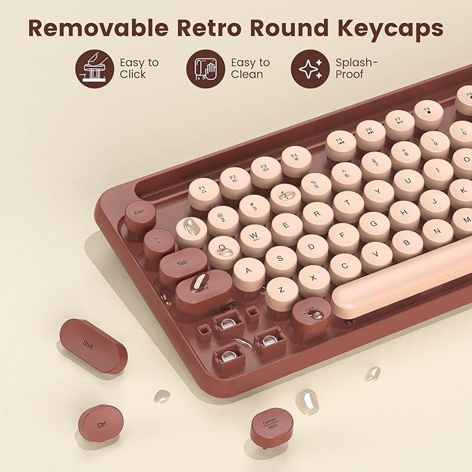 Wireless Keyboard and Mouse Combo, Retro Round Keycaps, Full-Size Stylish Typewriter Keyboard with Phone/Tablet Holder, Ergonomic Mouse with 3-Level DPI, 2.4GHz Connection for Windows/PC (Burgundy)