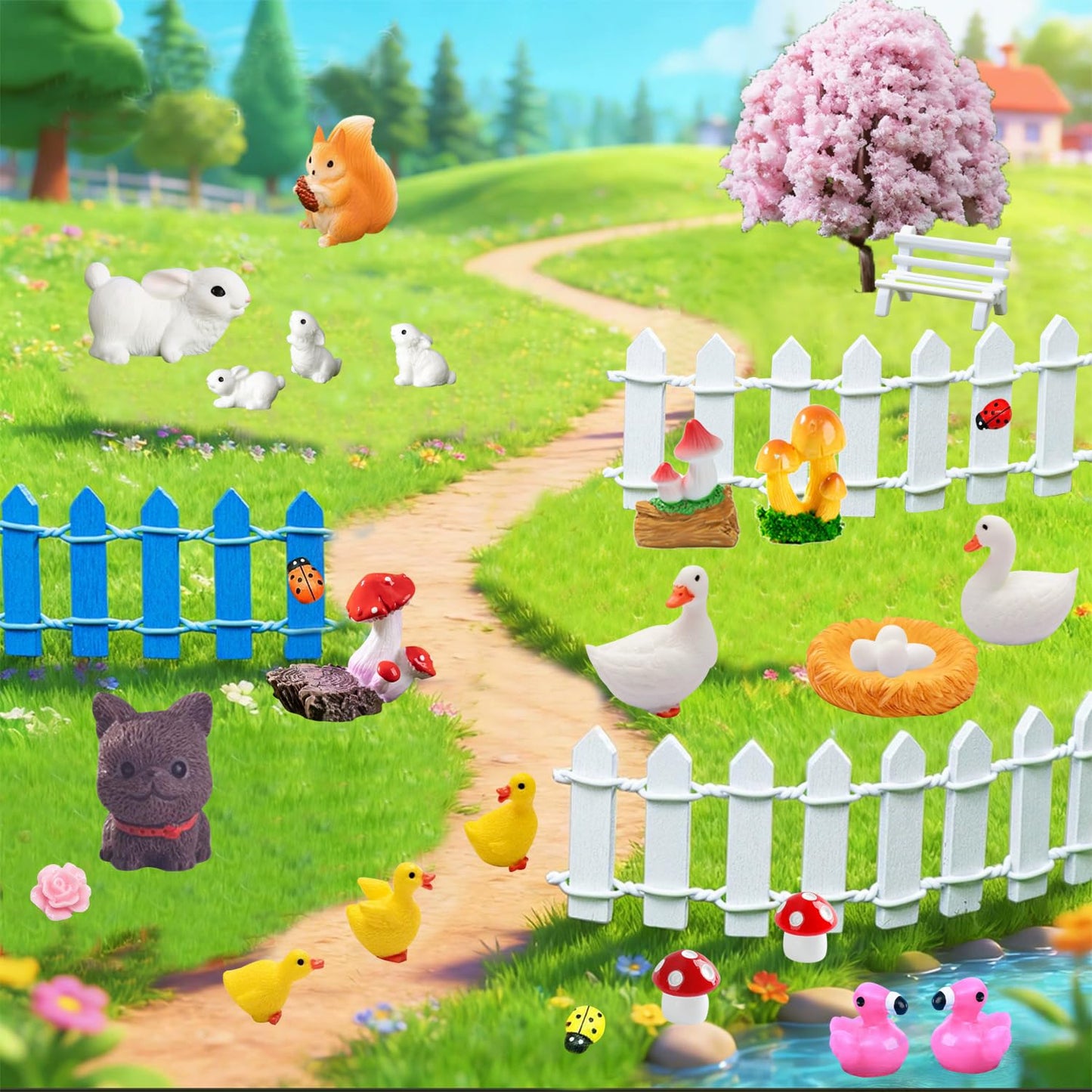 U-Zimikee 100 Pcs Mini Fairy Garden Accessories - Miniature Landscape Decorations with Bridge Pond House Gnome Figurines Mini Resin Animals Miniature Garden Figures Bulk for Dollhouse Garden Craft