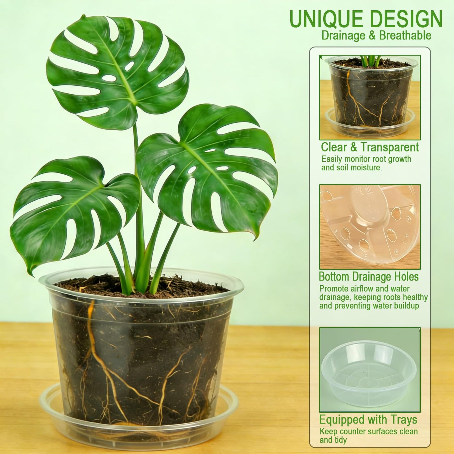 STAFANIE 7/8/10 Inch Large Clear Nursery Pots with Drainage Holes, Thick Reusable Plastic Plant Pots for Indoor Outdoor Plants, Seedlings, Succulents, Transplanting (7/8/10 inch)