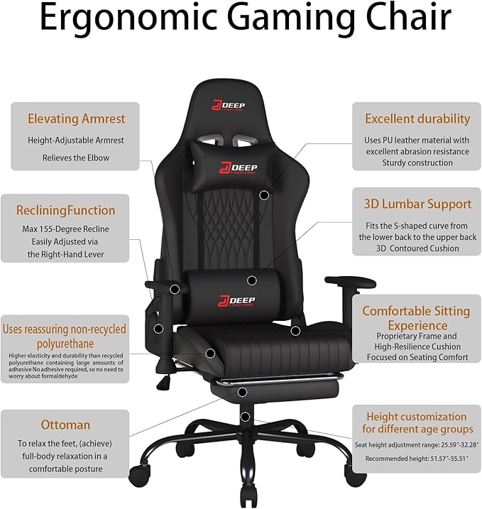 Video Game Chair with Footrest Ergonomic Comfortable Gaming Office Chair Height-Adjustable with a 360° Swivel Base and Headrest(1002-Black)