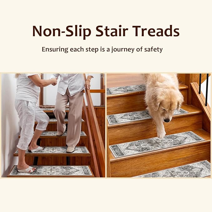 OJIA Stair Treads Non Slip for Wooden Steps Indoor 15PCS Carpet Stair Treads, Rubber Backing Stair Carpet Treads, Residue Free 8"x30" Staircase Step Treads Edging Stair Rugs for Kids & Pets, Gray
