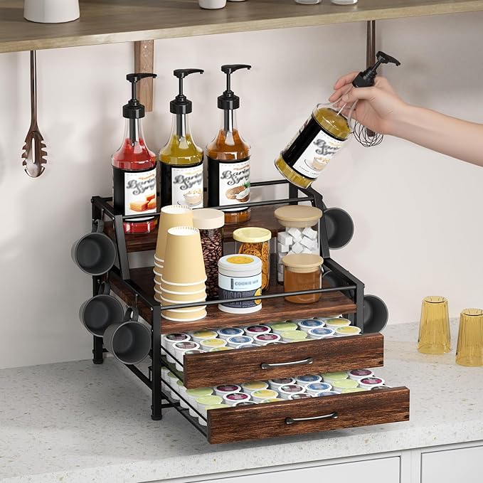 Coffee Syrup Rack Organizer - 4-Tier 8 Syrup Wine Bottles Stand with 82 Storage Drawer for K Cups, Coffee Pod Holder for Countertop, Bar Station, Kitchen, Rustic Brown