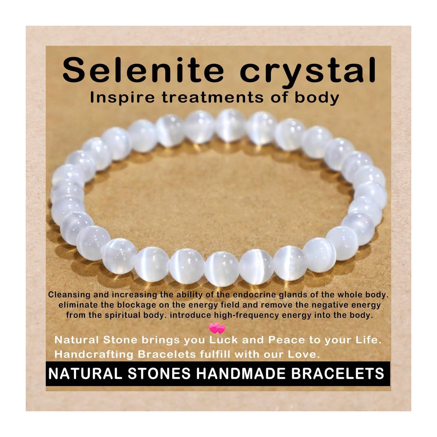 AD Beads Handmade Gemstone Stretch Elastic Bracelet Crystal Healing Reiki Nature's Beauty and Spiritual Essence Unisex (6mm, Selenite Crystal (Inspire Treatments))
