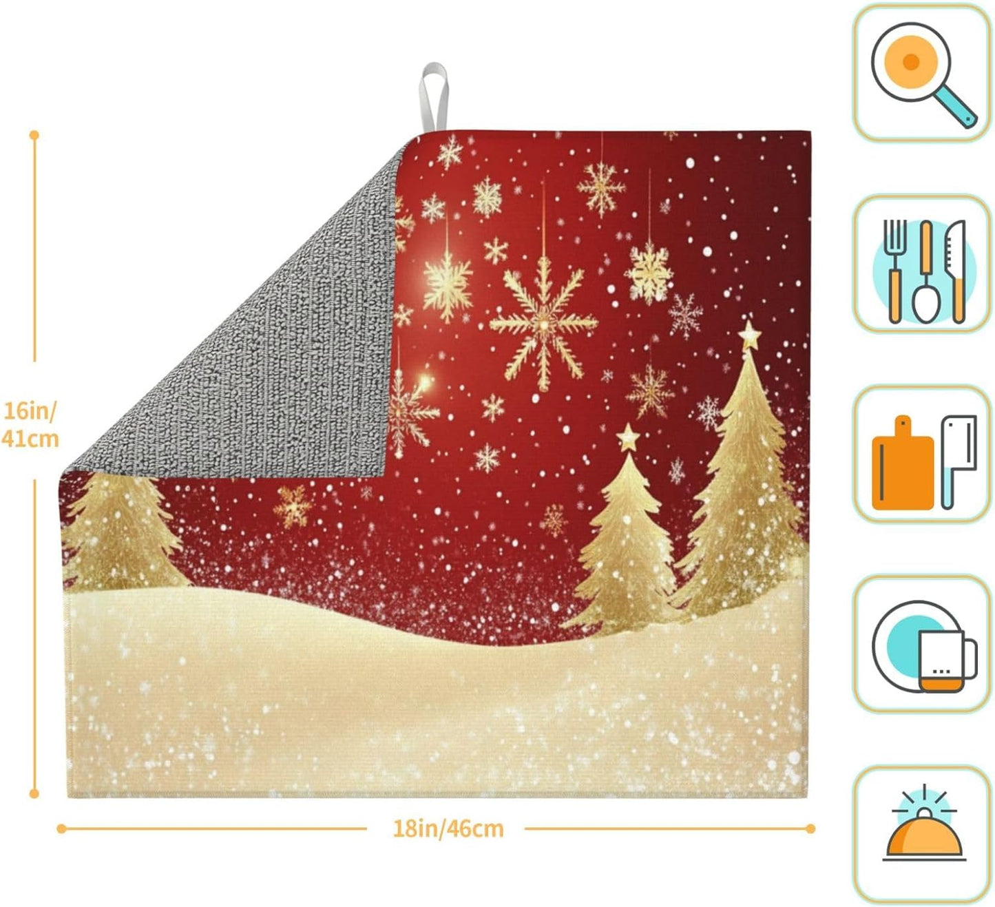 Dish Drying Mat for Kitchen Gold Christmas Tree Pattern Snowflake Counter Absorbent Dishes Drainer Microfiber Small 16x18 Inch