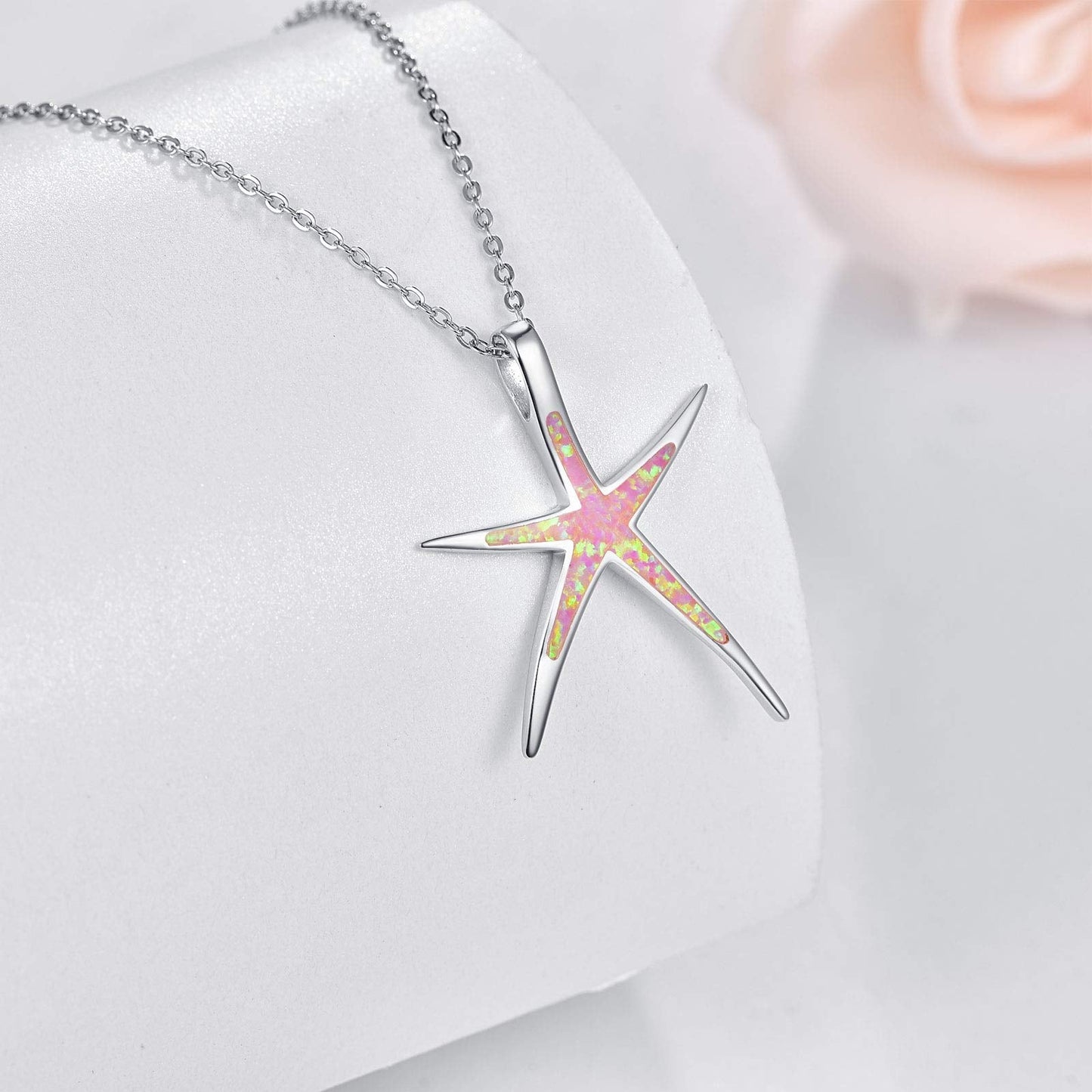 Cuoka Starfish Necklace, 925 Sterling Silver with Pink Opal, Hawaiian Beach Nautical Ocean Pendant, Starfish Jewelry Opal Jewelry Valentine for Women Girlfriend