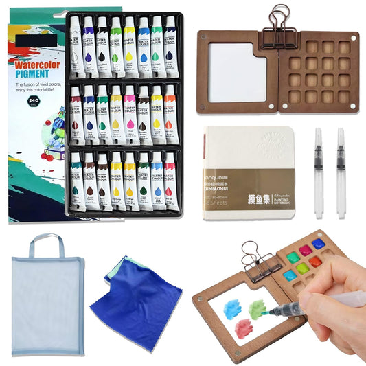 Walnut Wood Mini Watercolor Paint Set-24 Color Pocket Watercolor Set with Brush, Sketchbook and Towel, Complete Portable Watercolor Kit for Artists, Beginners, Students and Urban Sketching (15 Grids)