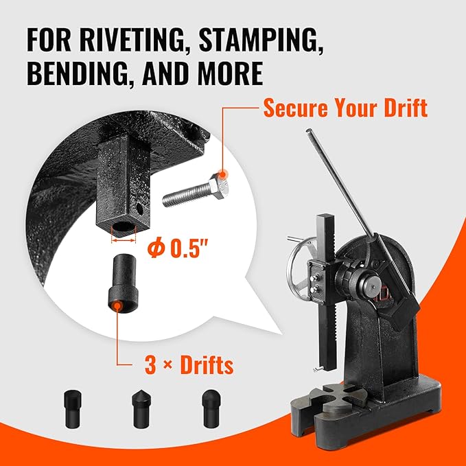VEVOR Arbor Press, 3 Ton Ratchet Type Arbor Press, Ratchet Leverage Arbor Press with Handwheel, 12.2" Maximum Height, Cast Iron Manual Desktop Punch Press, for Stamping, Bending, Stretching, Forming