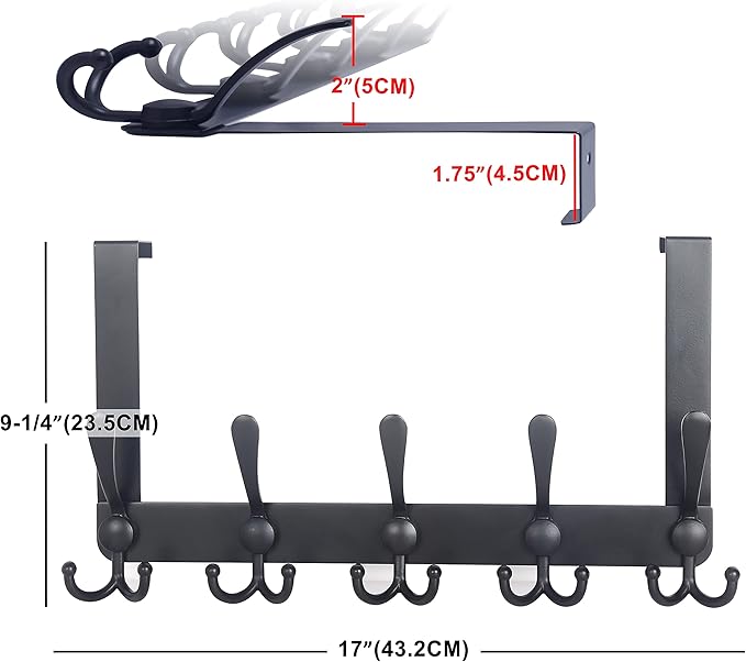 Dseap Over The Door Hook Hanger - 5 Tri Hooks, Heavy Duty Over The Door Towel Rack Coat Rack for Clothes Hat Towel, Black, 2 Packs
