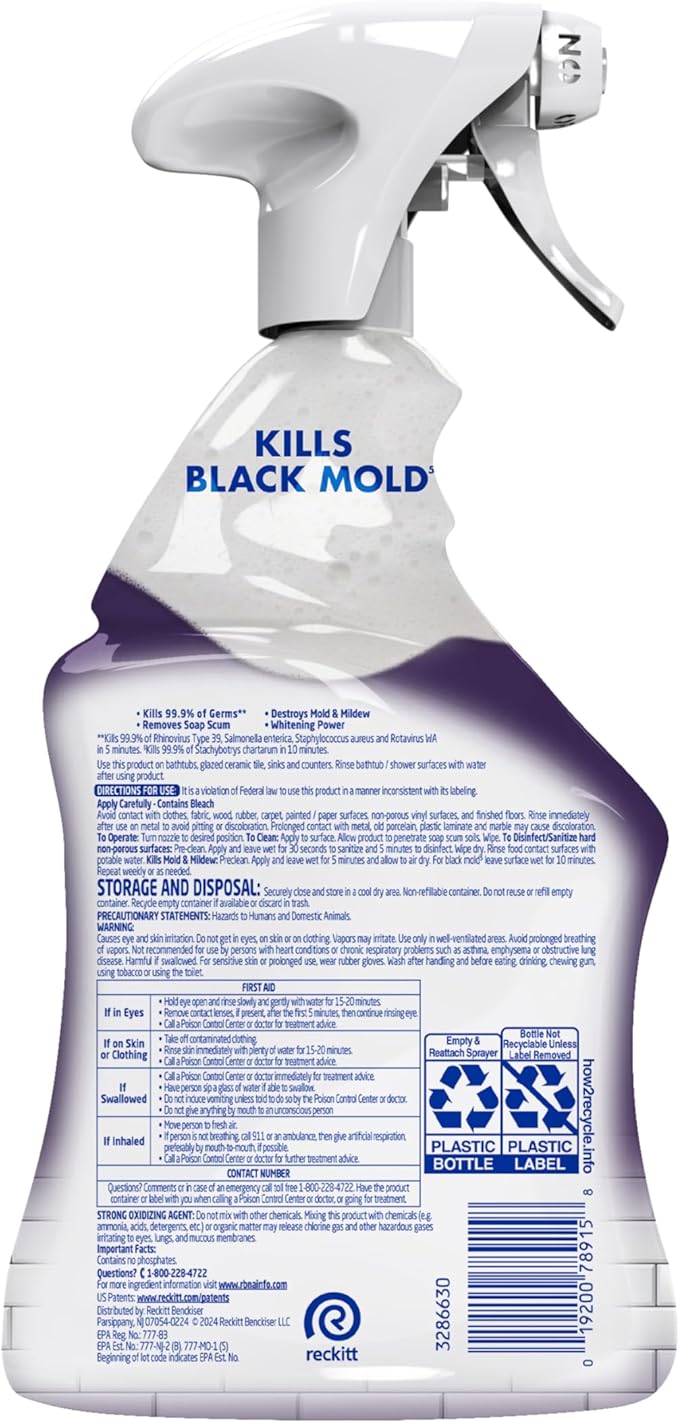 Lysol Mold & Mildew Remover Spray, Bathroom & Shower Cleaner, Disinfectant Spray, Stain Remover with Bleach, Tough on Black Mold, Multipurpose Cleaner for Home and Kitchen, 32oz (Pack of 4)