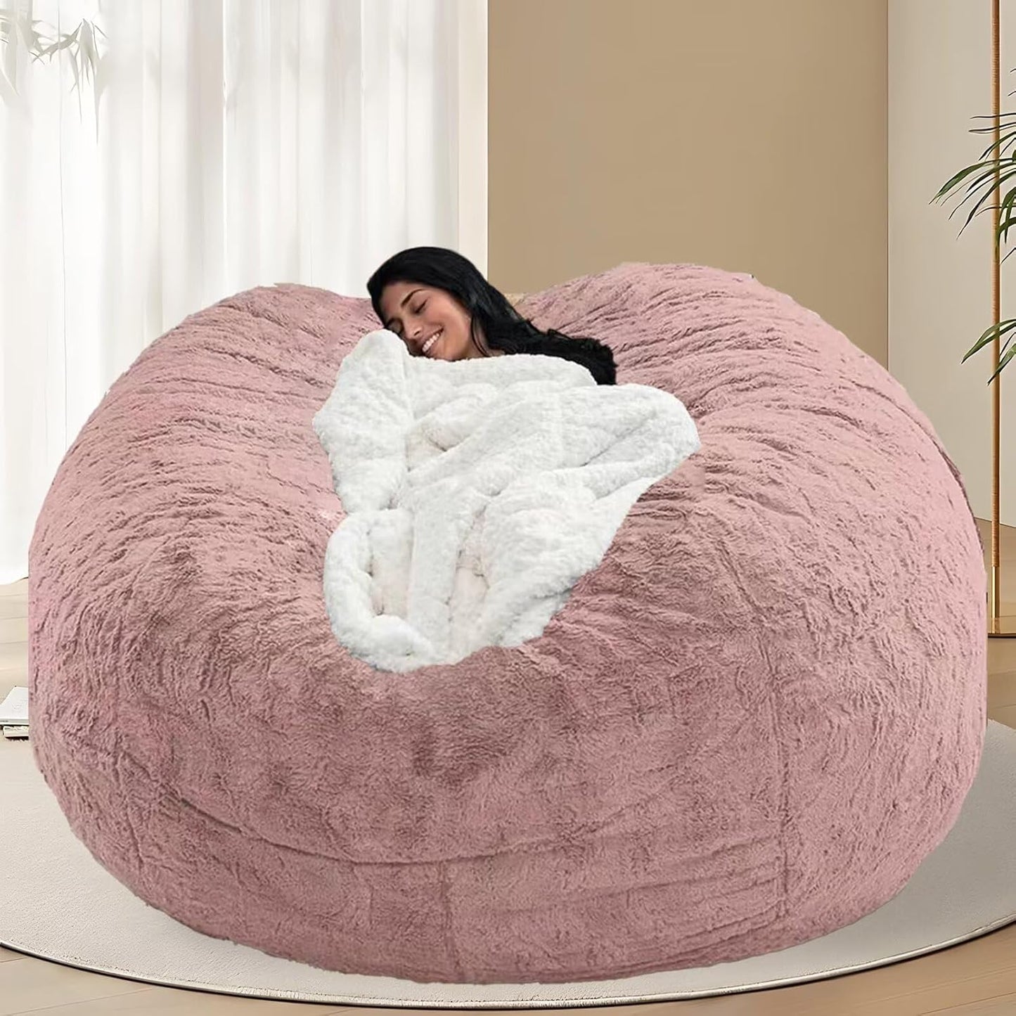 BCU 6FT Bean Bag Chair for Adults and Kids Without Filler Giant Stuffed Animal Storage Cover Soft Faux Fur Floor Chair Cover for Bedroom Living Room, Powder Pink