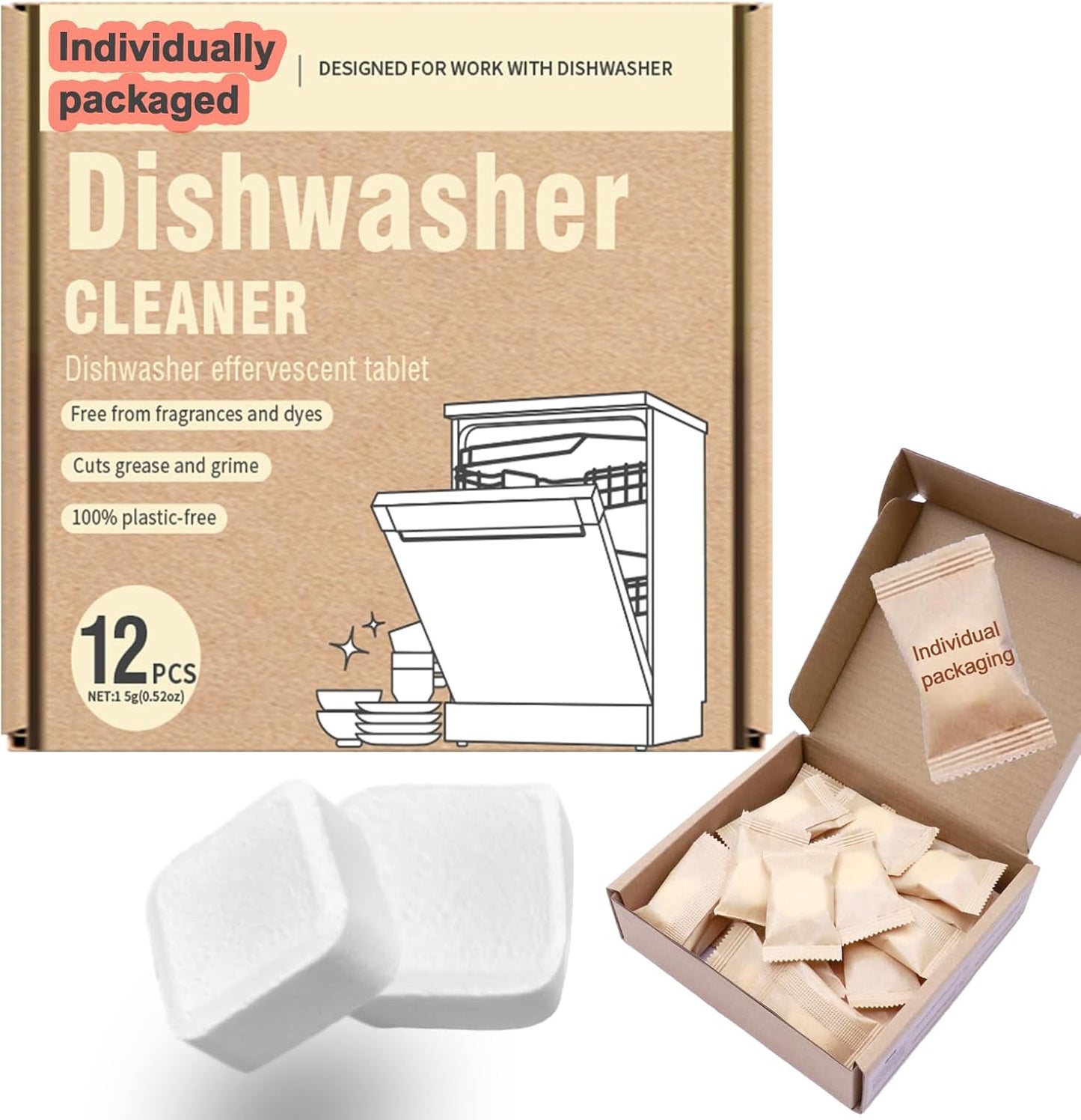 Dishwasher Cleaner Tablets, Deep Cleaning Formula, Removes Limescale & Grease,12 Count, Fragrance-Free, Plastic-Free, Effervescent Grease Cutting Formula