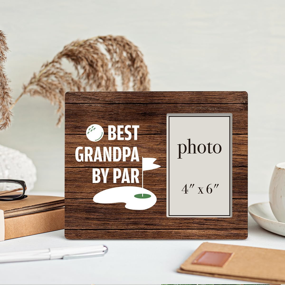 Oqtumes Golf Gifts for Men Grandpa Picture Frame, Golfing Gifts for Papa Grandfather, Rustic Best Grandpa By Par Wood Picture Frame 8 x 10 Inches, Wall Mount and Tabletop - 4 x 6 Inch Photo