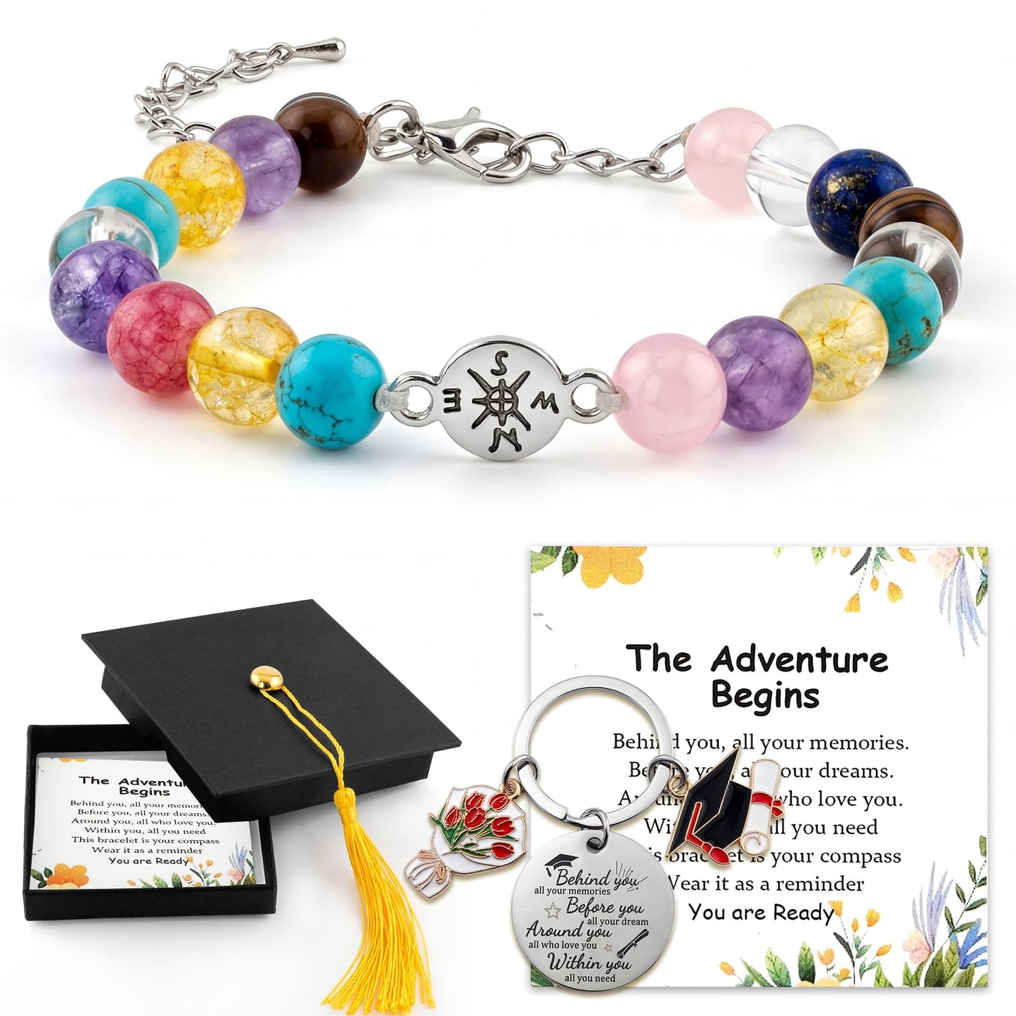 Graduation Bracelet Set 2026 for Him & Her, Natural stone Beaded Bracelet with 7 Chakra Stones or Matte Style, Compass Keychain, Card & Gift Box for High School College Grad (Vibrant Chakra)