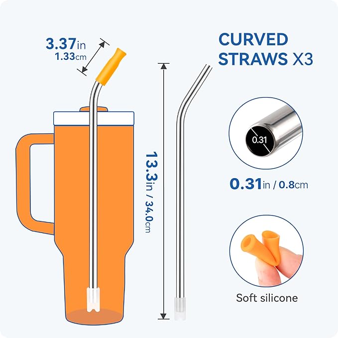 Reusable Stainless Steel Straws with Silicone Tip for Stanley 40oz, Metal Drinking Straws for 40oz Tumbler,3 Bent Tubes & 6 Tips& 1 Cleanr Brush (Transparent)