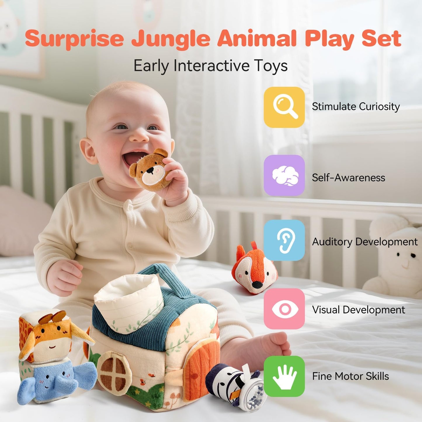 Youuys Travel Sensory Toys for Babies 6-12 Months & Toddlers 1-3 Year Old On-The-Go Montessori Soft Stuffed Animal Set with Crinkle, Rattle, Safe Mirror Educational for Kids Boy Girl