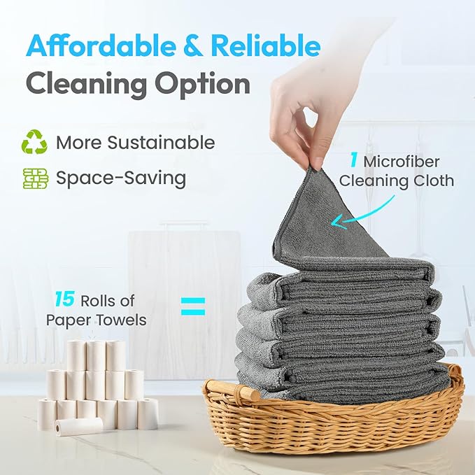 Microfiber Cleaning Cloths 12x12IN 24Pack Grey Lint Free Kitchen Cloths - Extra Thick, Streak-Free, Lint-Free, Fast Absorbent - Reusable Multi-Purpose Housekeeping Rags for Cars, Dishes, Floors, Tiles