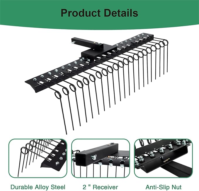 5FT Durable Pine Straw Rake Steel Spring Landscape Rake Fits 2" Receiver for Lawn Tractors or ATV/UTV，Black
