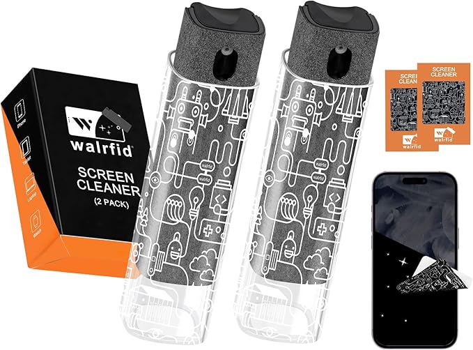 walrfid 2pcs Car Screen Cleaner, Computer Screen Cleaner Spray and Wipe, Laptop Cleaning Mist Kit for Electronic iPad, iPhone, Phone, MacBook, TV, Monitor, Tablet Display, with Graffiti Case, Grey