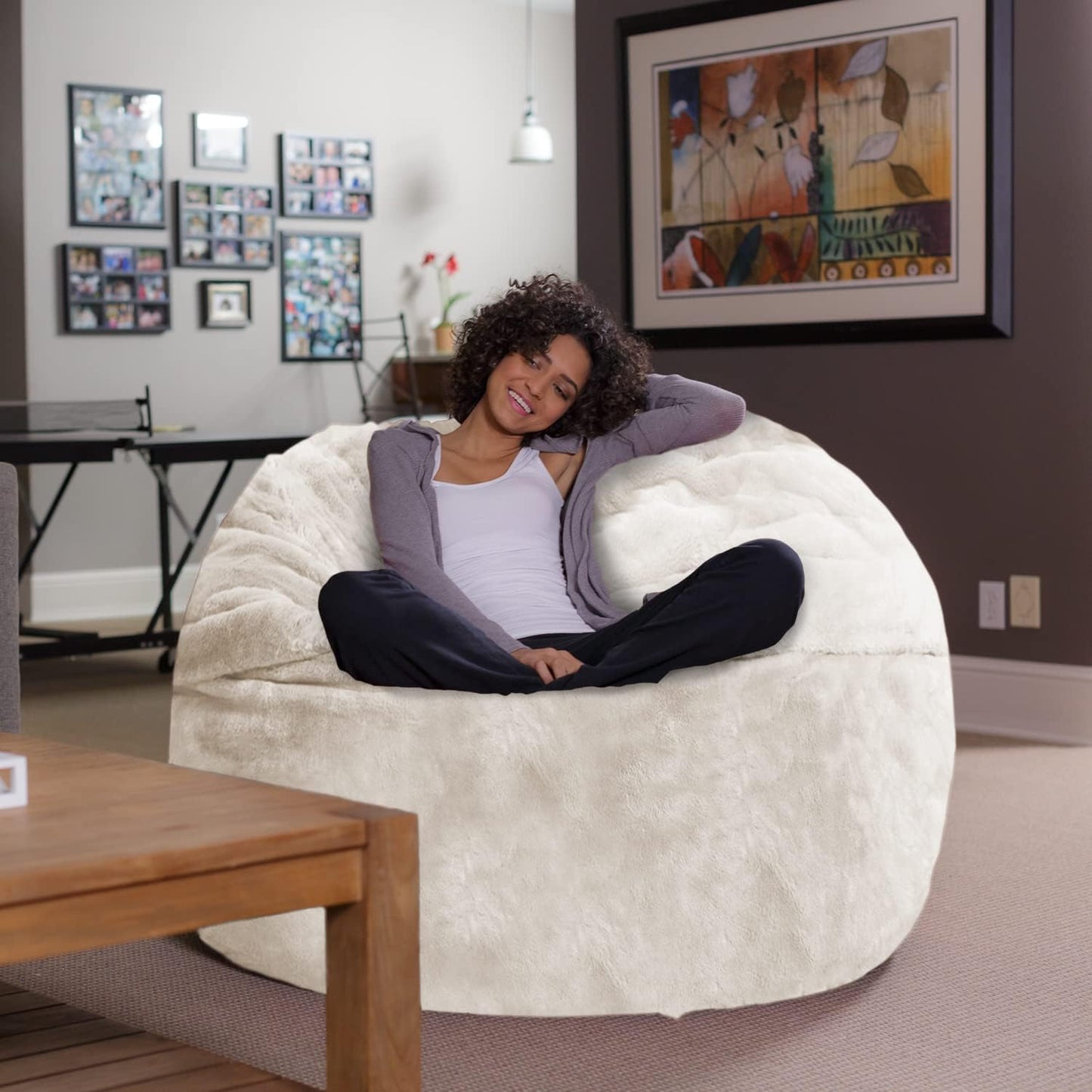 Sofa Sack Bean Bag Chair - Plush, Ultra Soft - Memory Foam Bean Bag Chair with Faux Rabbit Fur Cover - Stuffed Foam Filled Furniture and Accessories for Dorm Room 5 Feet - Cream