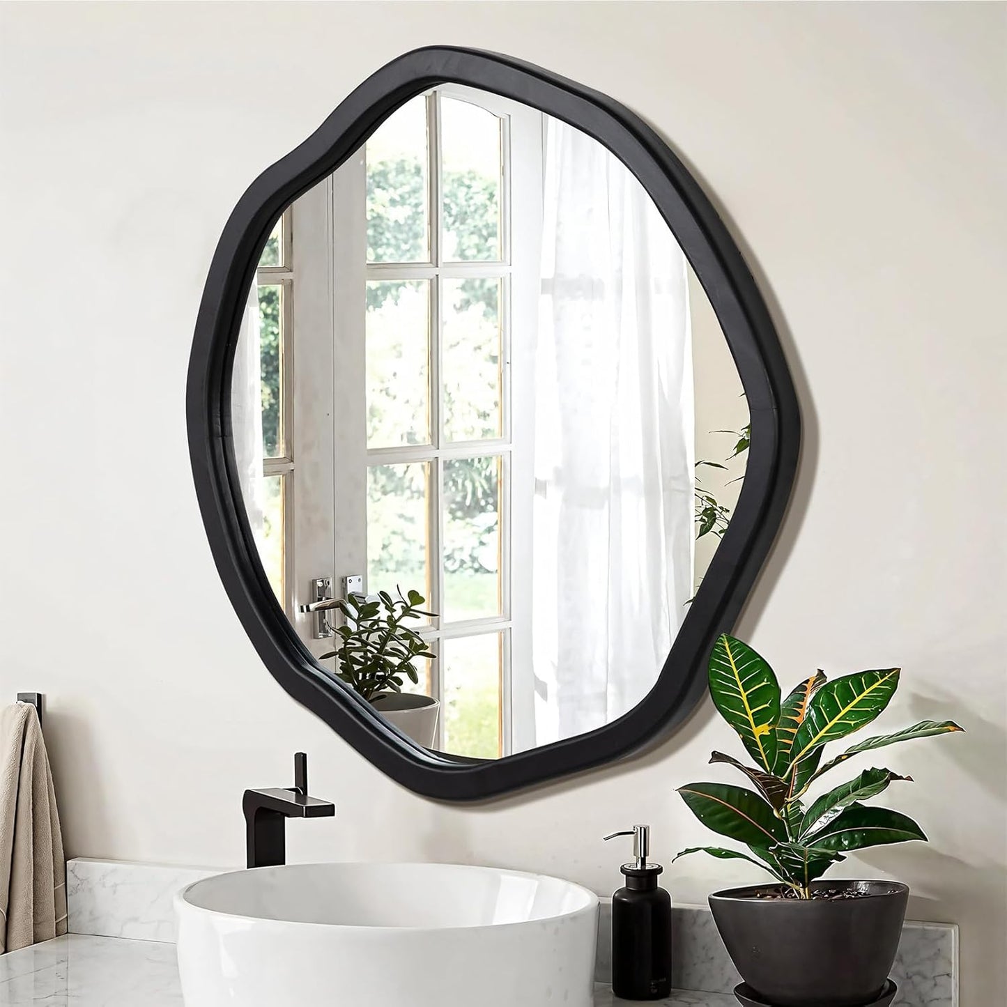 ULIKE Round Wood Mirror, 30 Inch Black Asymmetrical Circle Vanity Mirror with Wood Frame, Modern Decorative Wall Mount for Bathroom Bedroom Living Room Entryway