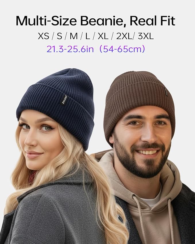 Zylioo Oversize Beanie Hats, XXL Big Size Ribbed Knit Cuffed Winter Hat for Cold Weather, Warm Skull Watch Cap