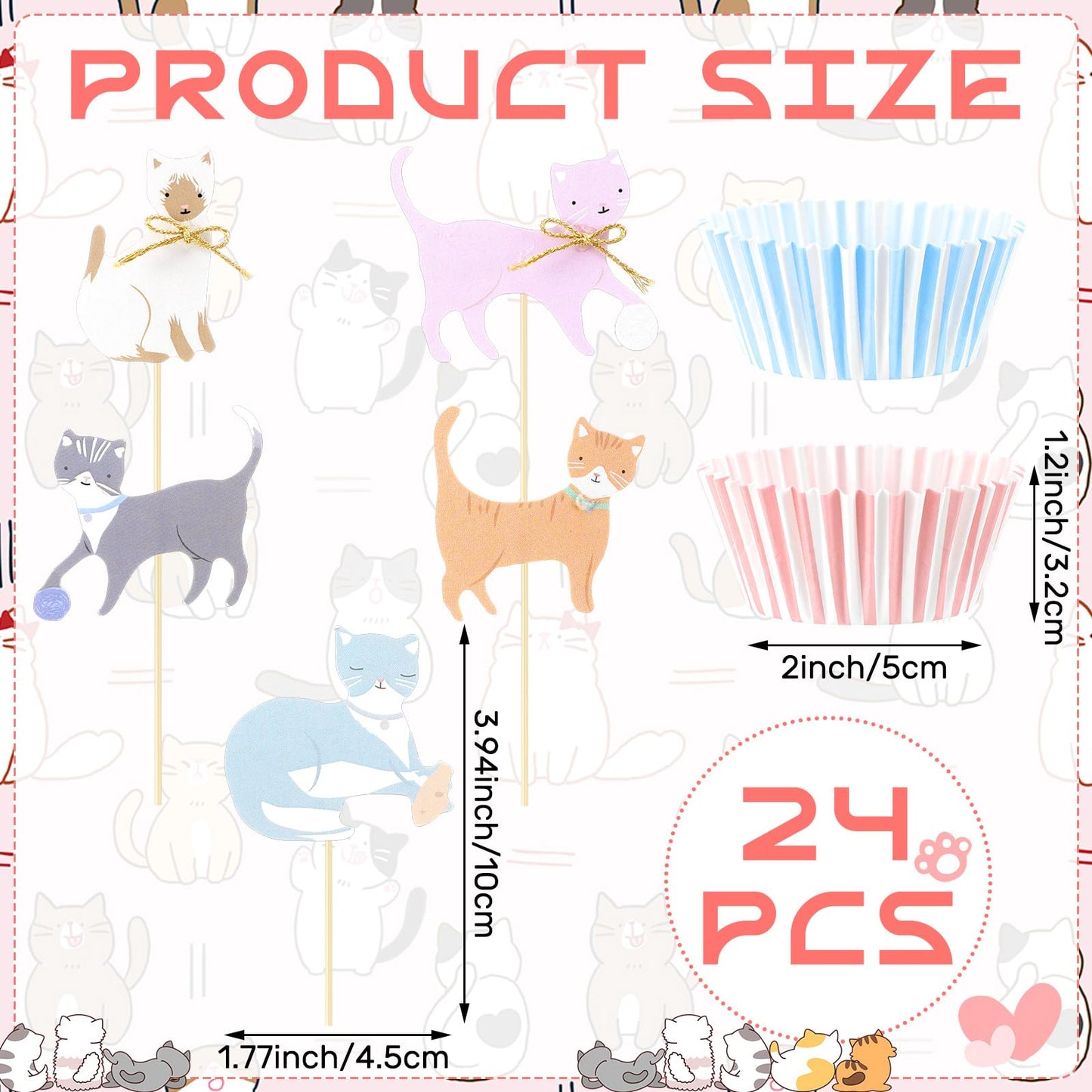 Vesici 48 Pcs Cute Kitten Cupcake Kit Include 24 Cat Cupcake Toppers and 24 Blue Pink Cake Liners Kitten Pet Themed Party Supplies for Birthday Pet Adoption Party Decorations