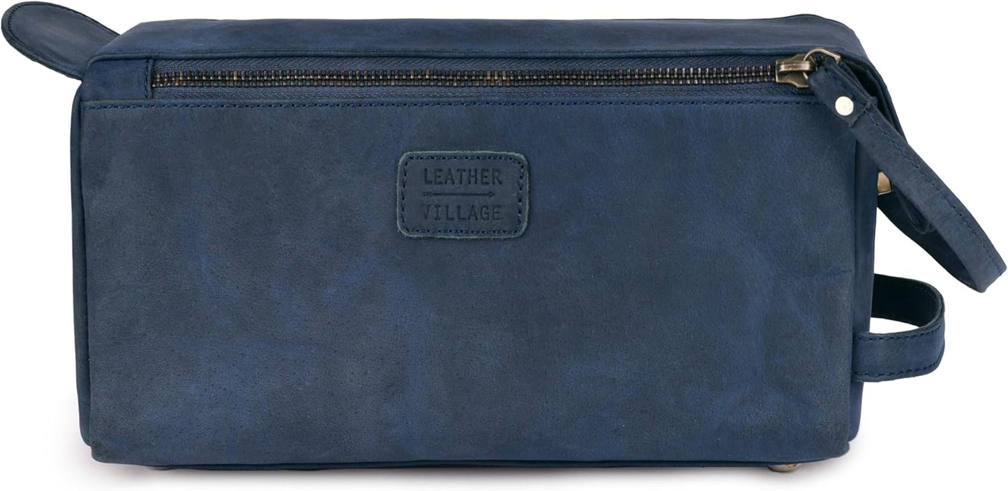 LEATHER VILLAGE Premium Leather Travel Toiletry Bag - Unisex Water-Resistant Travel Dopp Kit, Shaving & Cosmetic Organizer for Men & Women - Compact Bathroom Essentials - Royal Blue