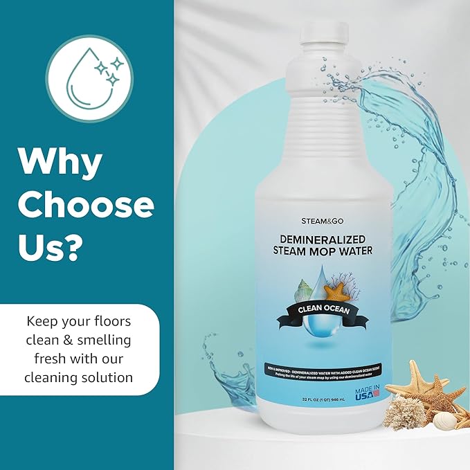 Steam & Go Demineralized Water Cleaning Solution for Floor & Multi-Surface Steam Cleaners - Compatible for All Steam Mops - Clean Ocean Scent, 32 oz