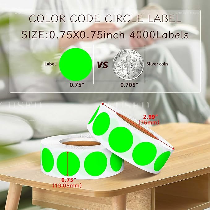 0.75 Inch 4 Rolls of 4000 Colorful Dots Sealing Stickers,Round Permanent Adhesive Color Code Label,Fluorescent Green Dot Stickers for Home Decorative, Storage Bins,Office Organization,CDs,DIY