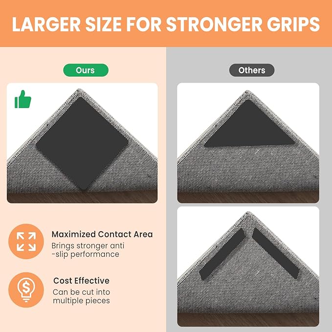 BAGAIL Rug Grippers 8 Pcs, Non-Slip Rug Corner Grips for Hardwood Floors & Tile, 4x4in Reusable Double-Sided Adhesive Carpet Tape to Prevent Sliding & Tripping Hazards for Pets, Kids, Family