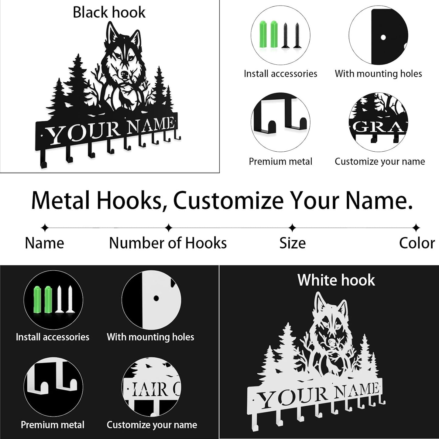 Personalized Key Hooks for Wall,Custom Name Mighty Wolf Key Holder Wall Mounted,Fashion Coat Rack,Metal Key Hanger with Hooks,Key Rack Organizer for Entryway,Hallway,Doorway