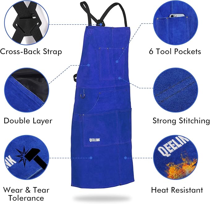 QeeLink Leather Welding Apron with 6 Pockets - Heat & Flame-Resistant Apron, 24'' X 42'', Adjustable M to XXXL (Blue)