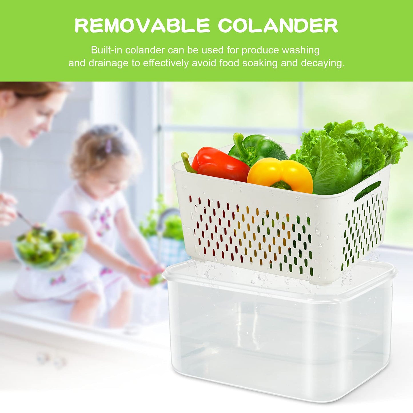 TBMax Fruit Storage Containers for Fridge Organizers and Storage, 4 Pack Large Produce Saver with Airtight Lid & Colander for Berry Lettuce Salad Vegetable Storage, Refrigerator Organizers