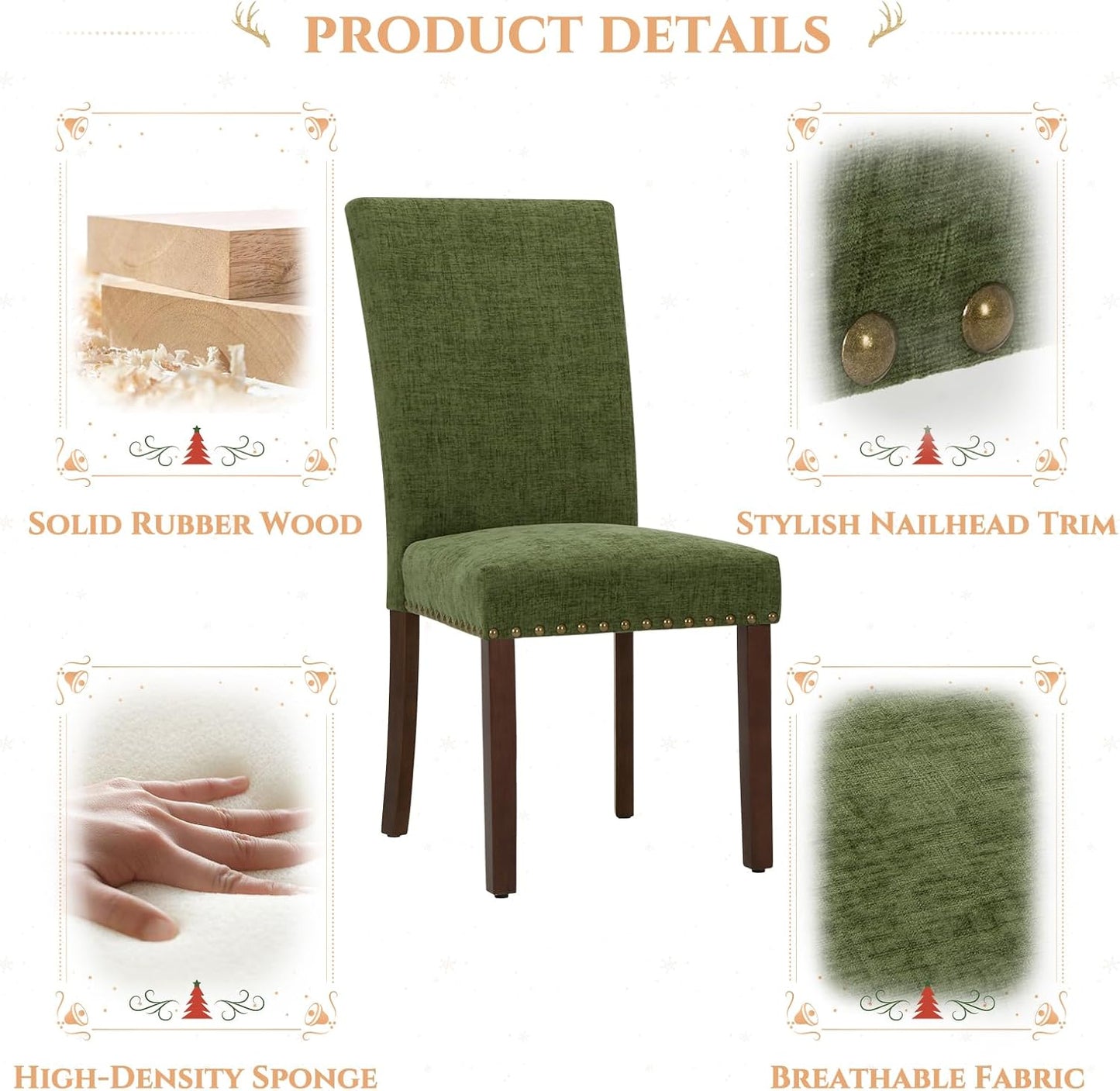 Parsons Dining Chairs Set of 4, Upholstered Nailhead Dining Room Kitchen Side Chair with Thick Cushions and Wood Legs, Green