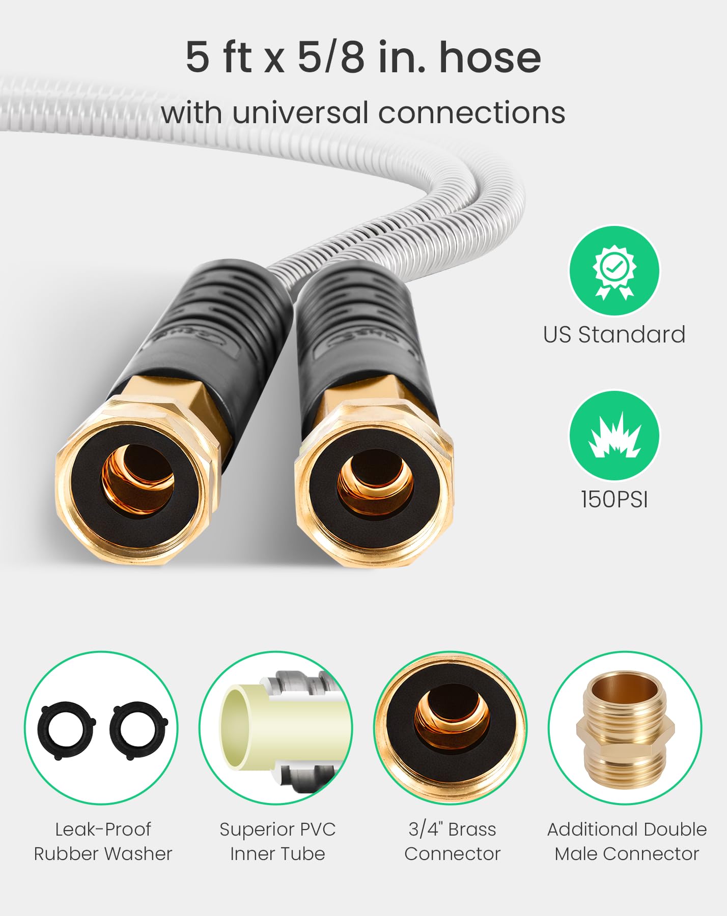 Cesun Short Garden Hose 5 ft with Female to Female Connector, Small Metal Leader Hose, Drinking Water Hose, Flexible, Lightweight Stainless Steel Water Pipe for RV, Outdoor, Yard, 5ft x 5/8"