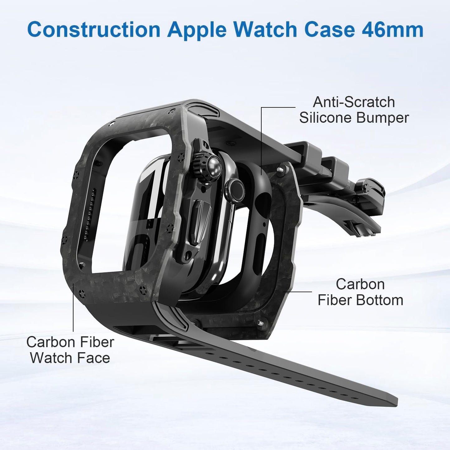 Luxury Carbon Fiber Case with FKM Band Compatible for Apple Watch 11/10 46mm, Rugged Military Protective Cover Heavy Duty Tactical Protection for Men iWatch