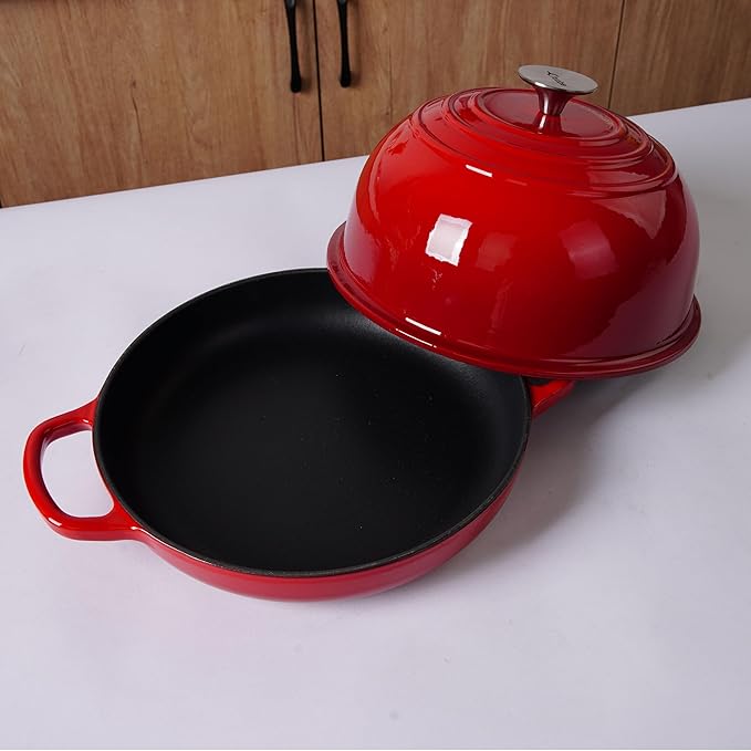 Enameled Cast Iron Bread Pan, Sour Dough Artisan Bread Oven – Red – Round 26 cm, 6.25 L (6.6 qt) – Boule Pan with a Deep Lid for Steam Baking