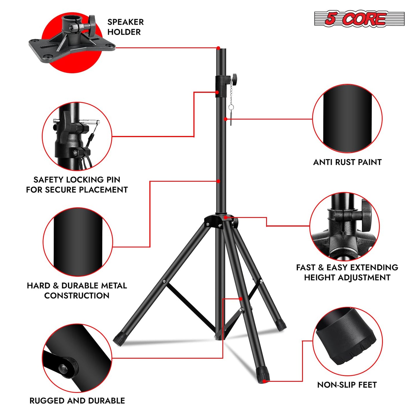 5 Core Speaker Stand Tripod Pair Floor Tall Adjustable Up To 72 Inch Dj Studio Monitor Stands Pole Mount (Yellow)